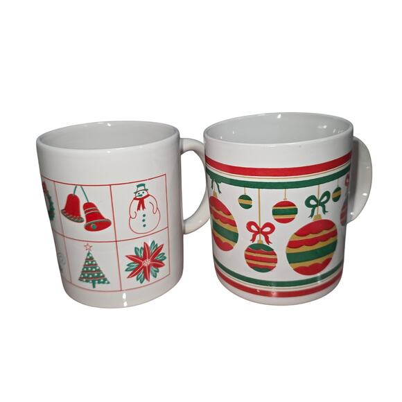 Christmas Ceramic Coffee Mugs Holiday Red Green Ornament Design Set of 2 - Picture 4 of 5